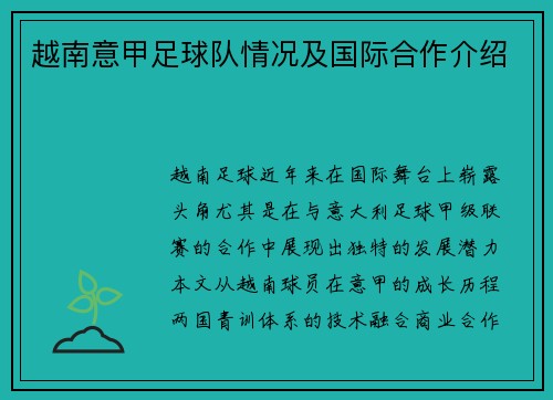 越南意甲足球队情况及国际合作介绍