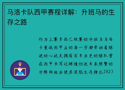 马洛卡队西甲赛程详解：升班马的生存之路