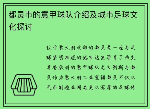都灵市的意甲球队介绍及城市足球文化探讨