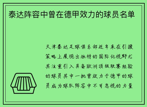 泰达阵容中曾在德甲效力的球员名单